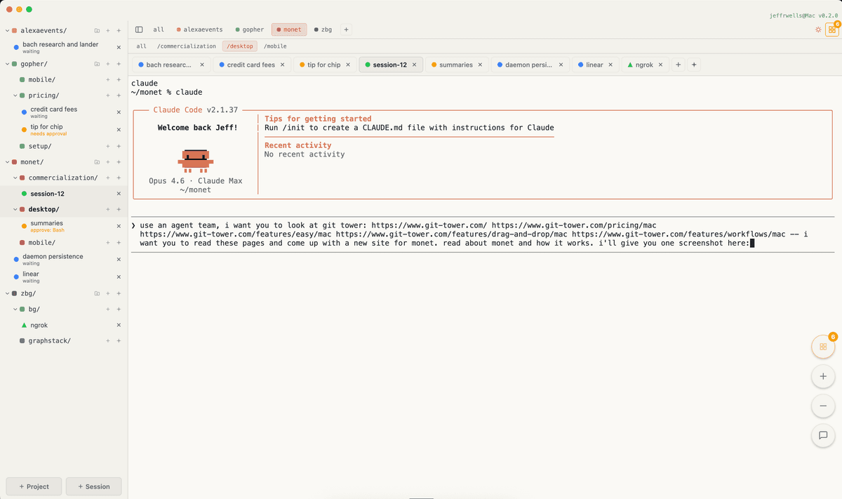Project sidebar showing agent sessions organized in project folders